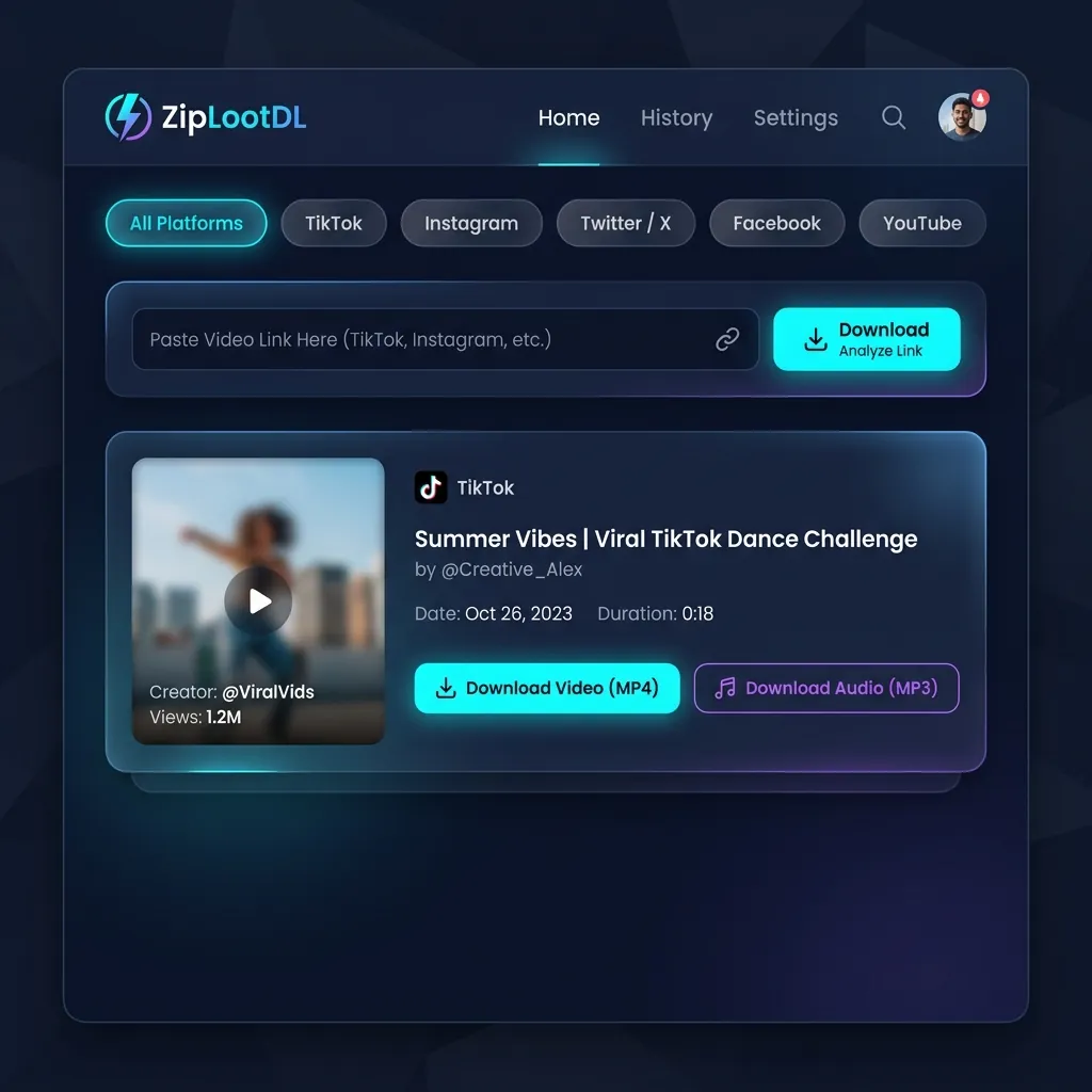 ZipLootDL Dashboard — Ad-Free Video Downloader UI