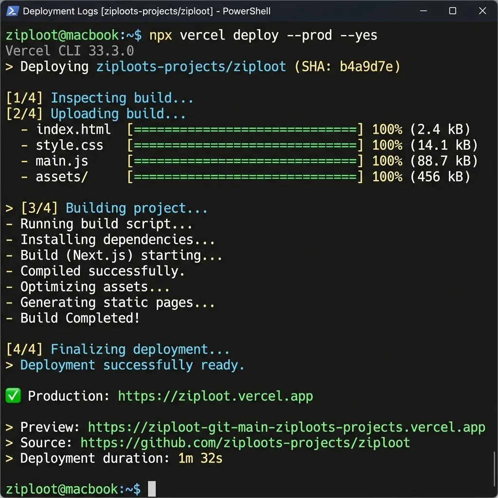 Vercel deployment terminal log for ZipLootDL
