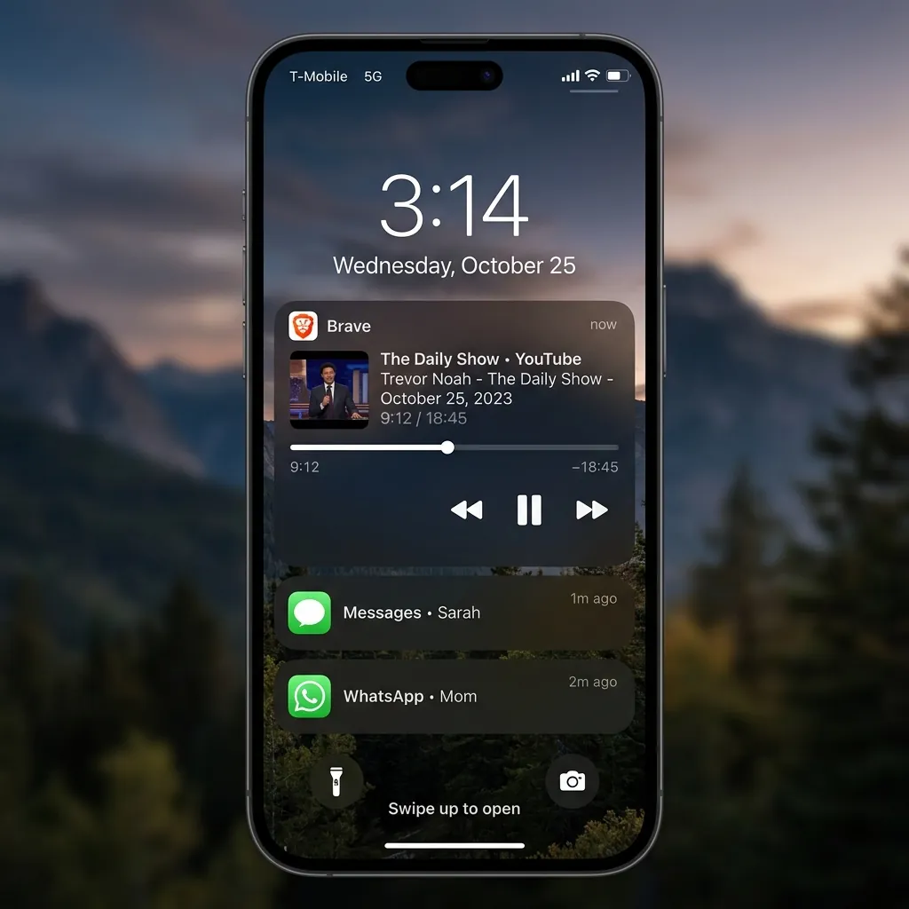 Screenshot of Brave mobile browser playing YouTube video in background with screen lock preview