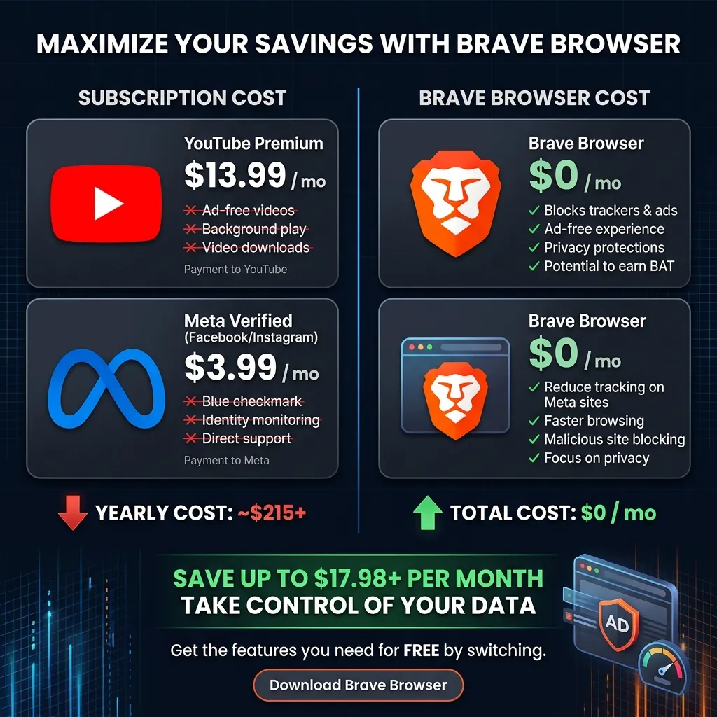 Save 20 Dollars Month on YouTube Premium and Meta Subscriptions with Brave Browser 2026