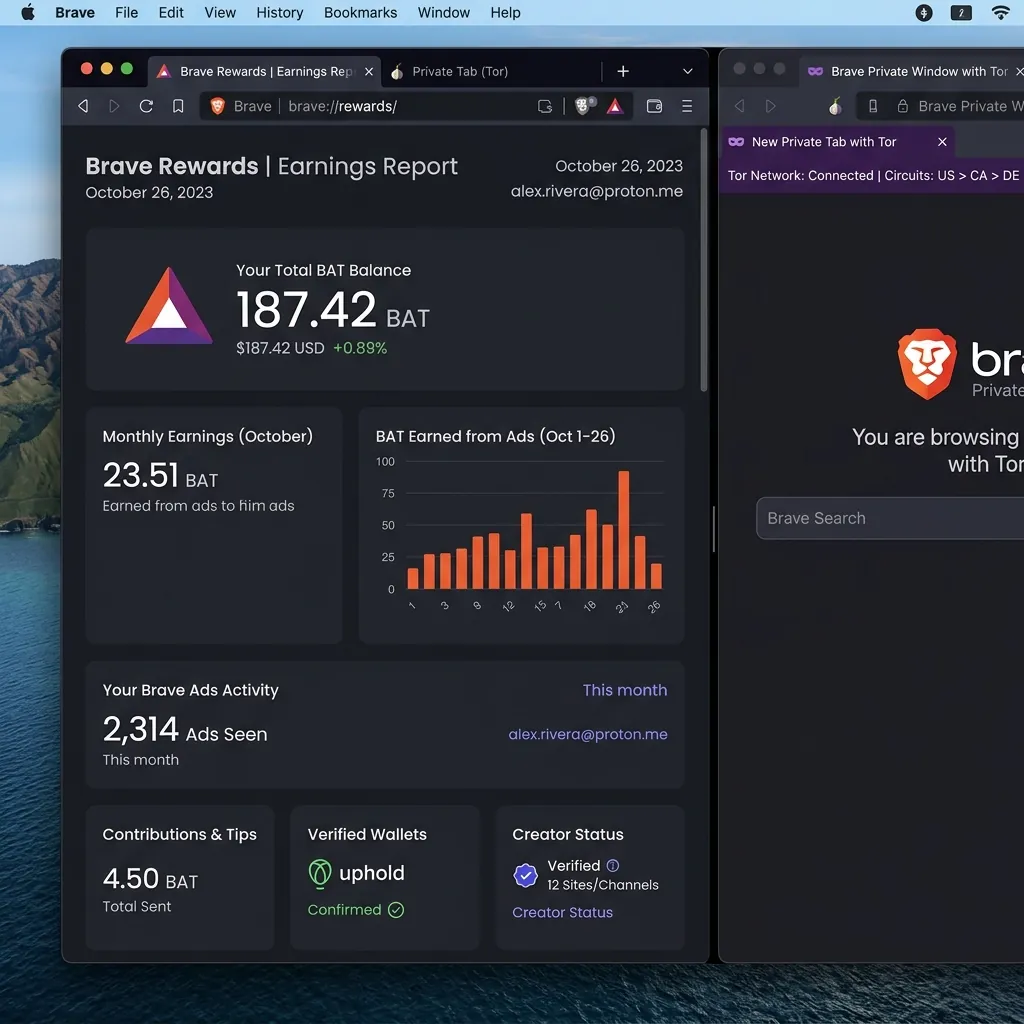 Screenshot of Brave Rewards dashboard showing BAT tokens earned and Tor private tab