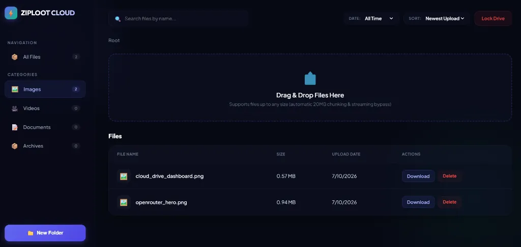 Mockup of the Ziploot Cloud Drive dashboard showing files, sizes, and drag-and-drop file uploaders