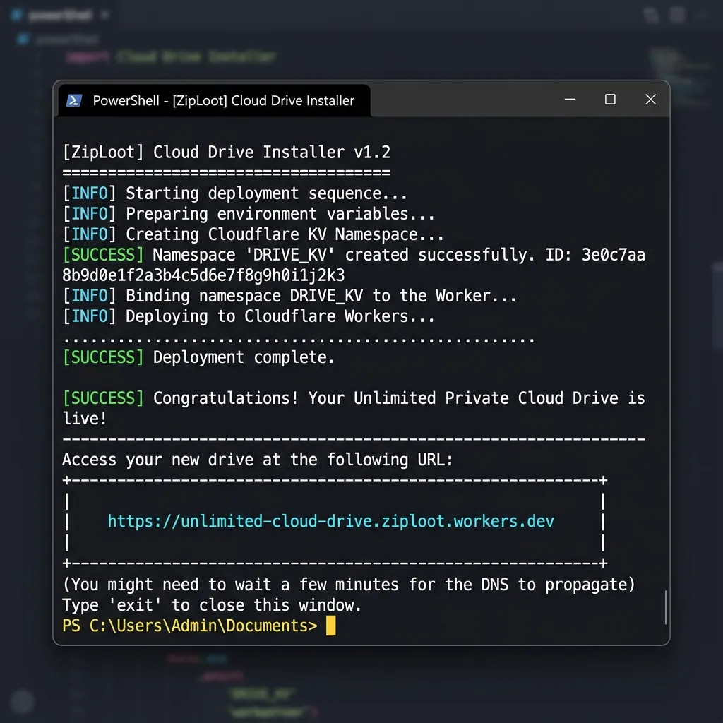 PowerShell terminal screenshot showing KV namespace creation and wrangler deployment logs