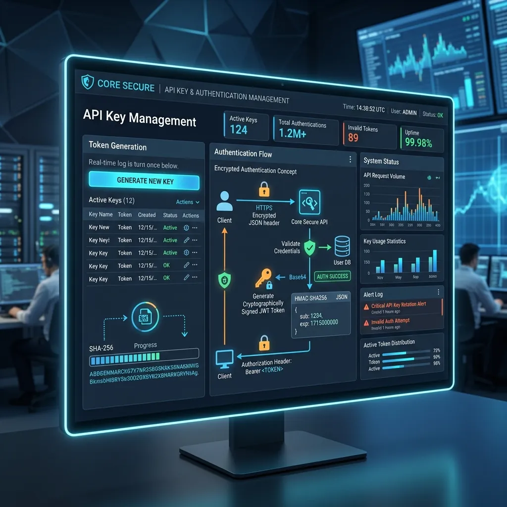 Sleek digital security dashboard showing API key token generation, encrypted authentication concept