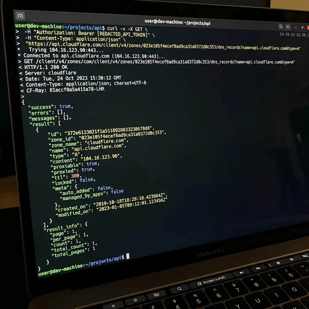 A programmer terminal screen showing API curl request and JSON response from cloudflare server