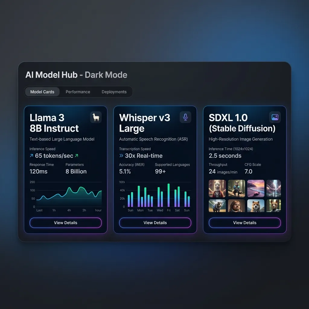 Modern dark UI dashboard displaying Llama 3 Whisper and SDXL AI model cards with speed metrics