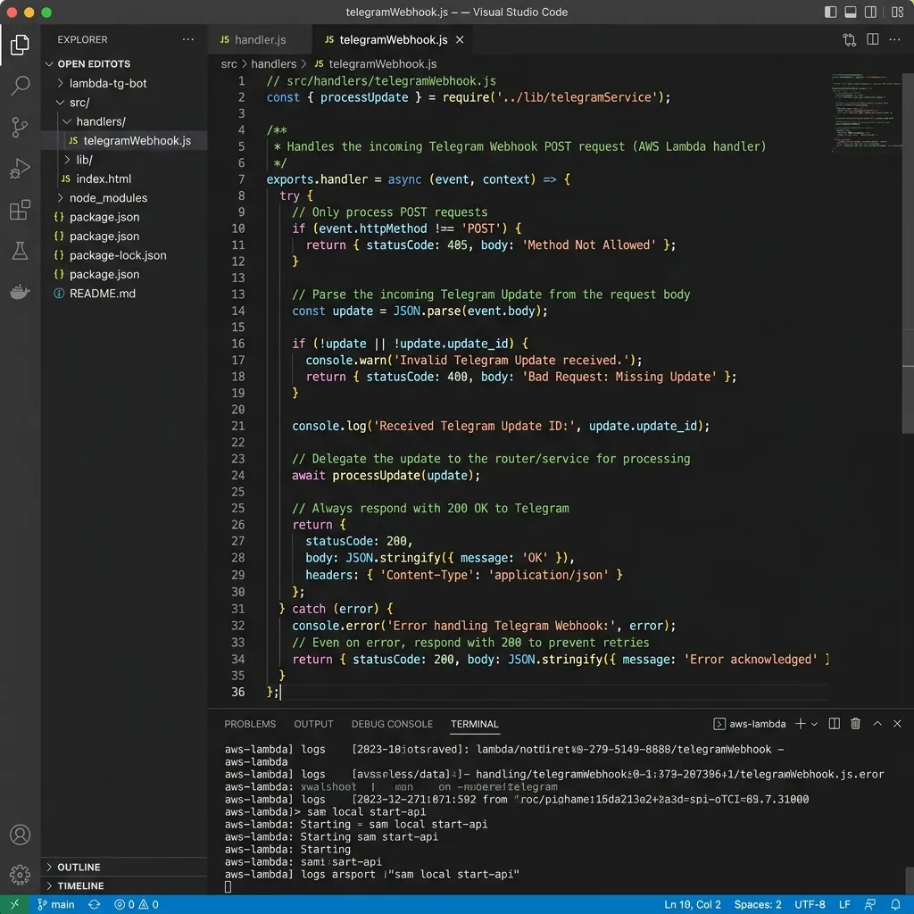 Screenshot of VS Code editor displaying JavaScript serverless handler code for Telegram webhook