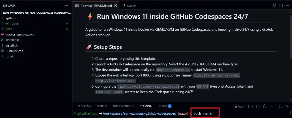 Execute bash run.sh in Codespace Terminal