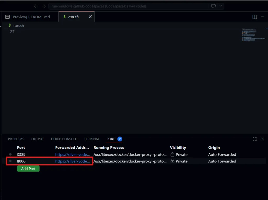 Open Port 8006 in VS Code Ports Tab