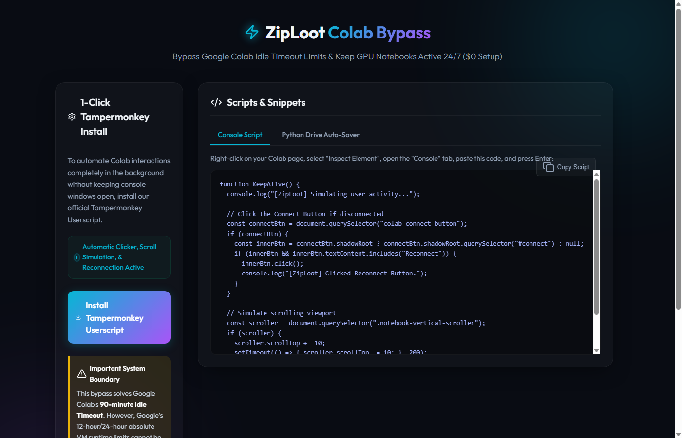 Real screenshot of the ZipLoot Google Colab Keep-Alive dashboard
