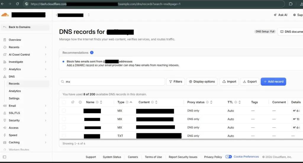 Cloudflare Active MX and TXT DNS Records Proof