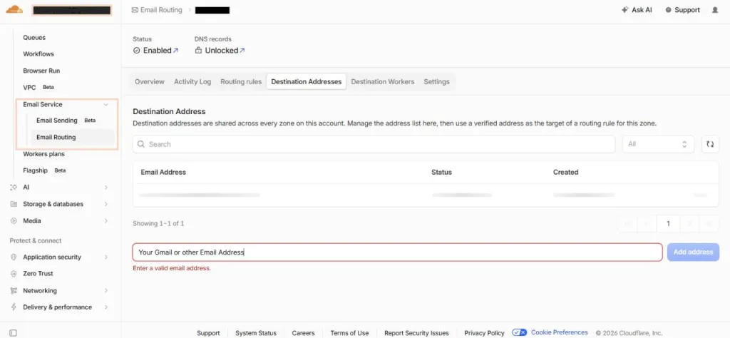 Cloudflare Email Routing Destination Address Proof