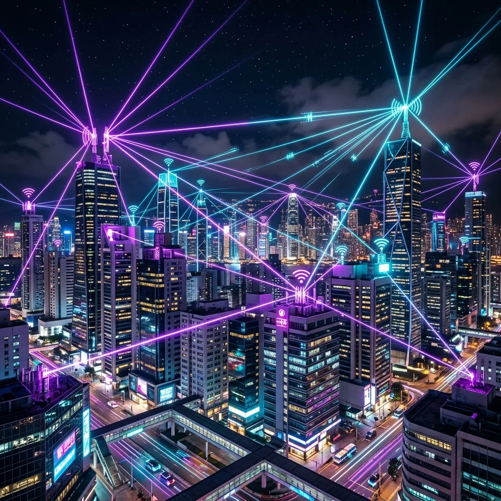 DAWN Network DePIN Node setup showing wireless internet beams connecting smart buildings