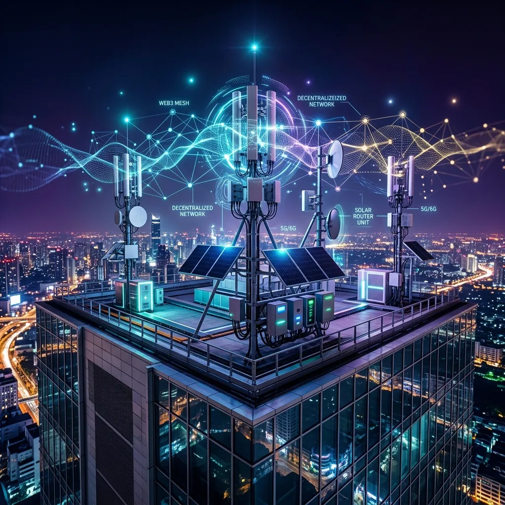Wireless network antennas on top of modern glass high-rise buildings