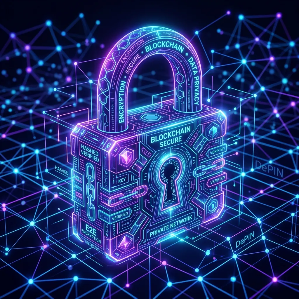 Abstract glowing digital padlock in a neon network grid representing cybersecurity