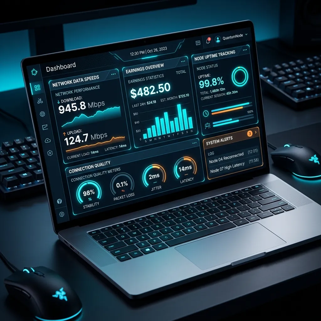 Futuristic laptop screen displaying network data speeds and node dashboard stats