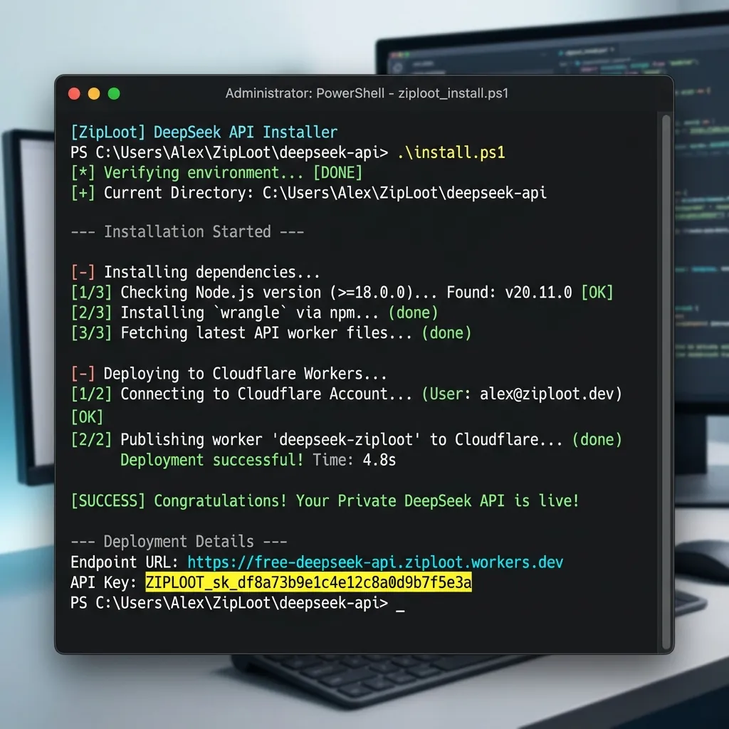 PowerShell terminal screenshot showing successful 1-click deployment of the DeepSeek API