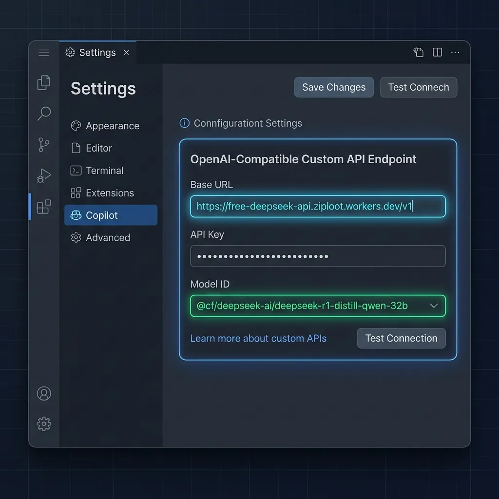 Mockup of settings panel in Cursor showing custom API Endpoint and DeepSeek R1 model configurations