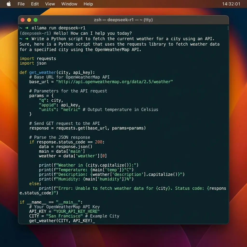 Screenshot of macOS terminal window running command ollama run deepseek-r1