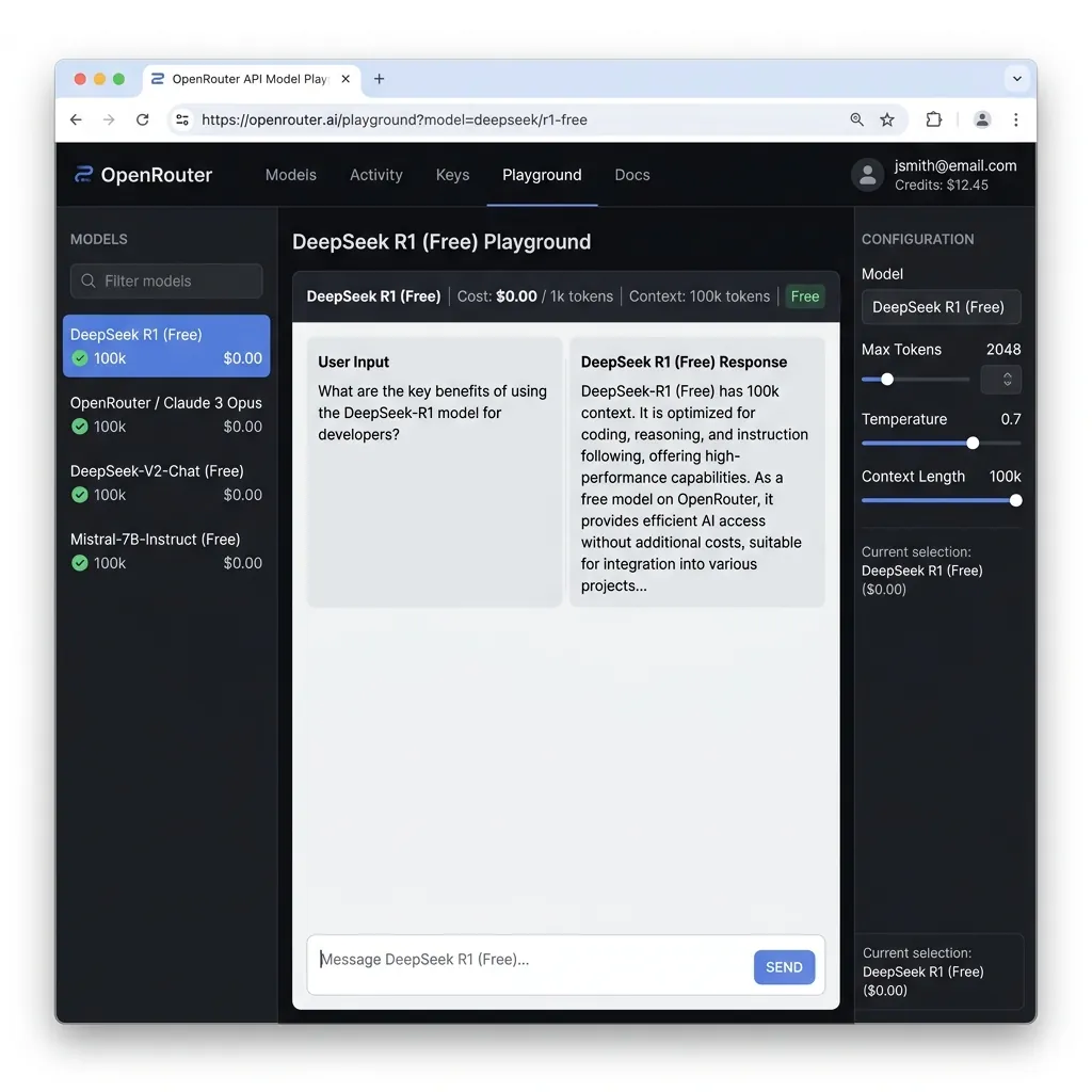 Screenshot of OpenRouter API model playground dashboard showing deepseek-r1 free model