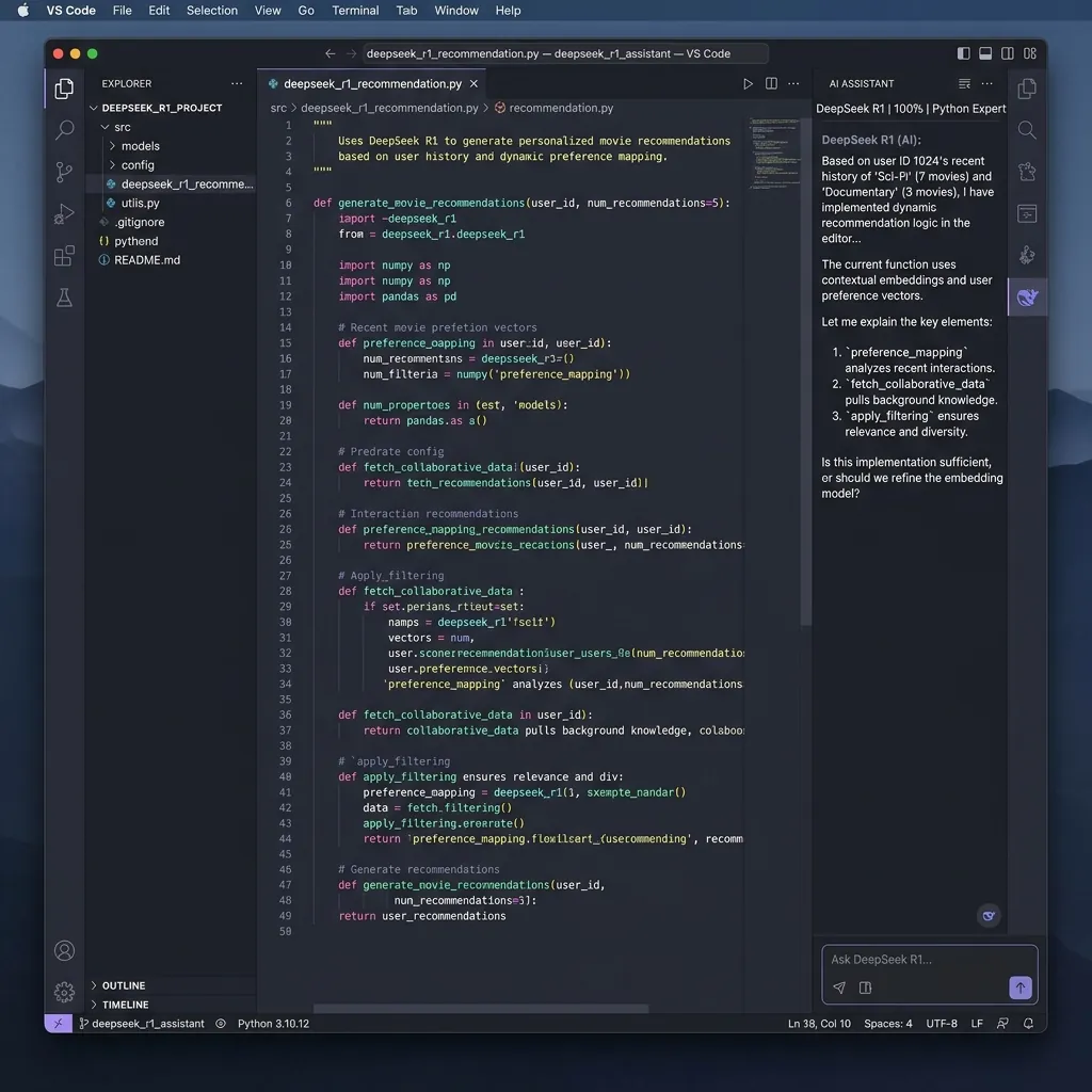 Screenshot of VS Code code editor in dark mode with AI coding assistant extension displaying DeepSeek R1 generated code
