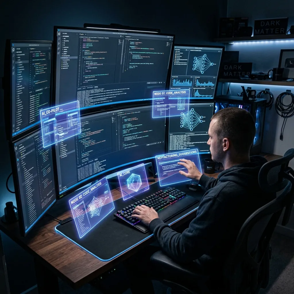 A programmer coding on a futuristic multi-monitor setup with AI assistant holographic nodes glowing