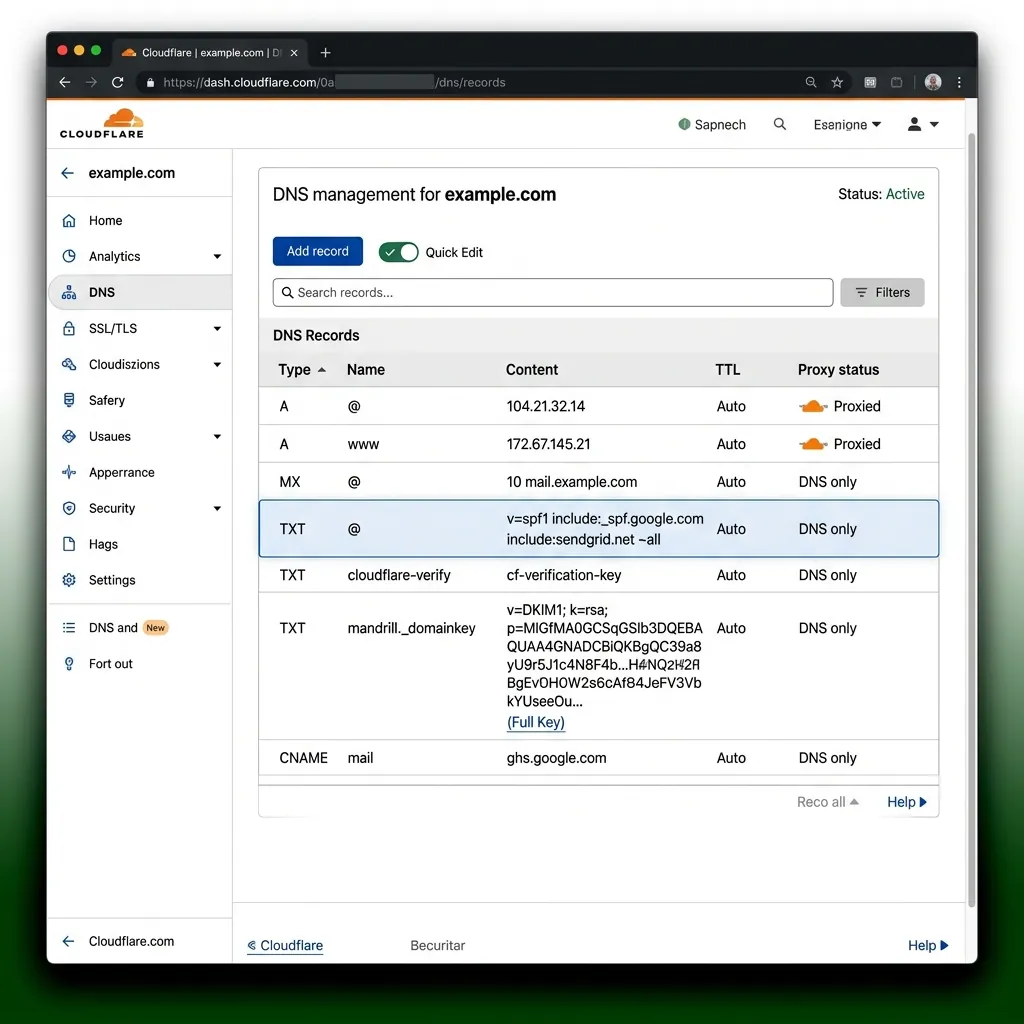 Screenshot of Cloudflare DNS settings table showing SPF TXT record and DKIM authentication record