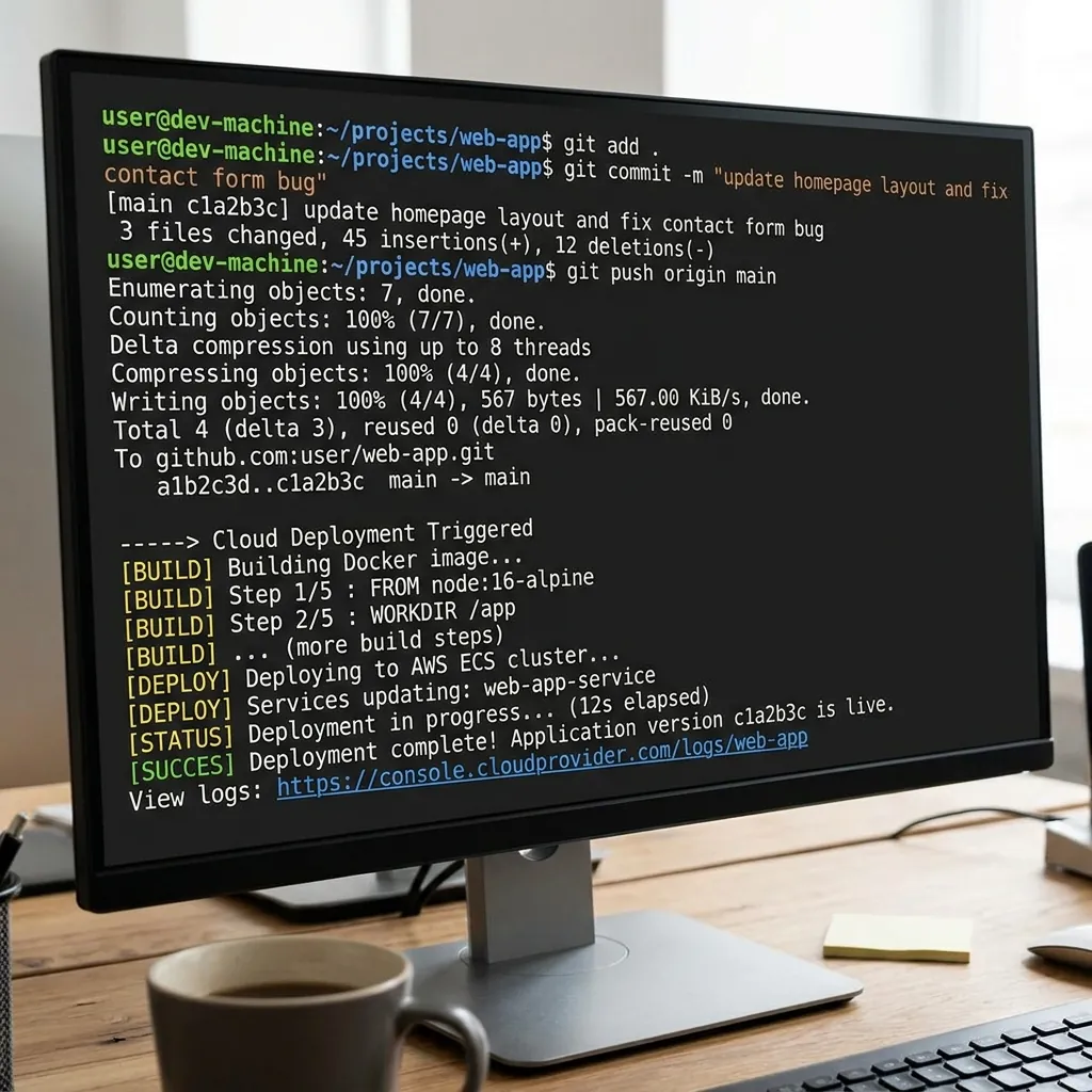 A programmer terminal screen showing git push main command triggering instant cloud deployment