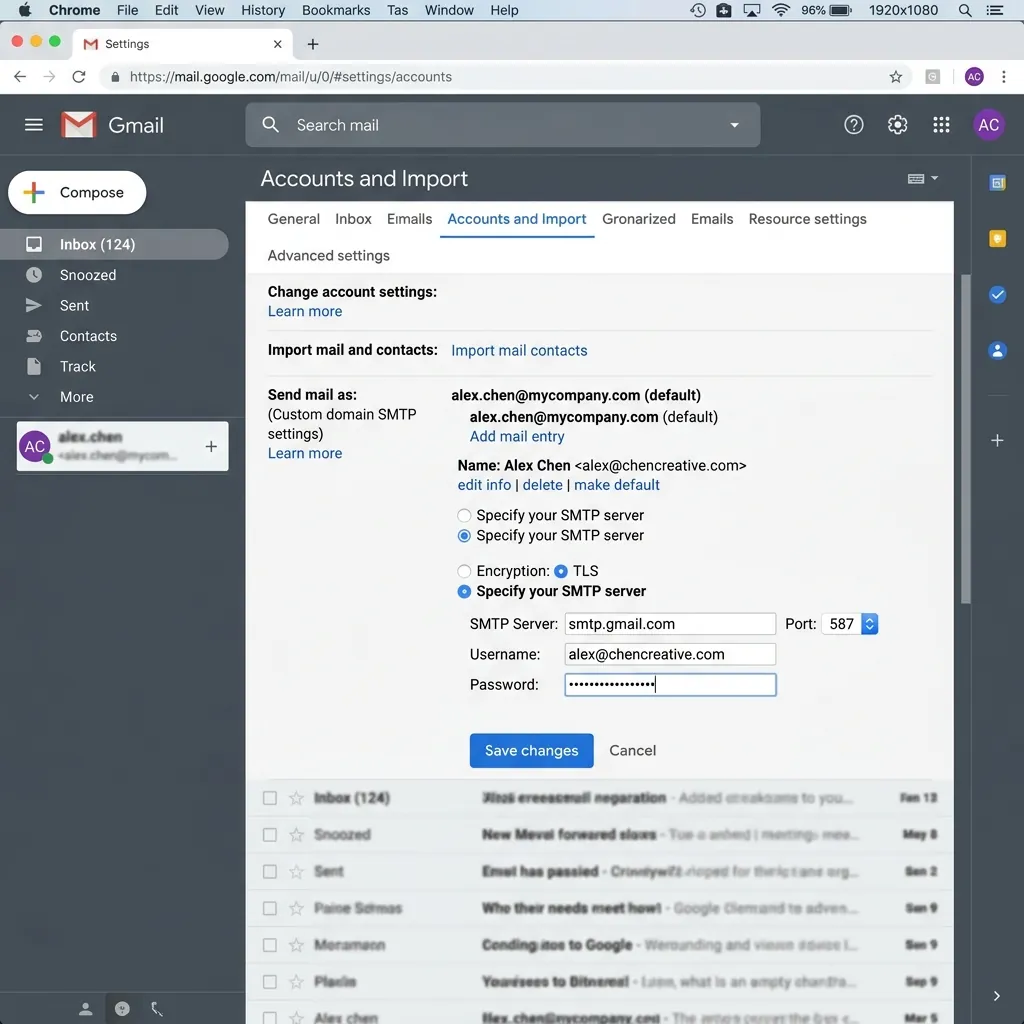 Screenshot of Gmail settings Accounts and Import tab displaying Send mail as custom domain SMTP settings
