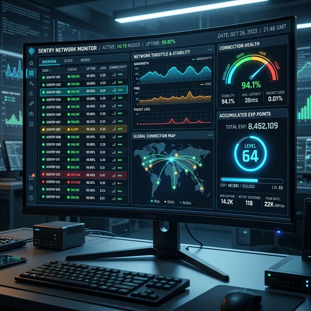 Sleek digital dashboard monitoring sentry node status, connection health, and accumulated EXP points