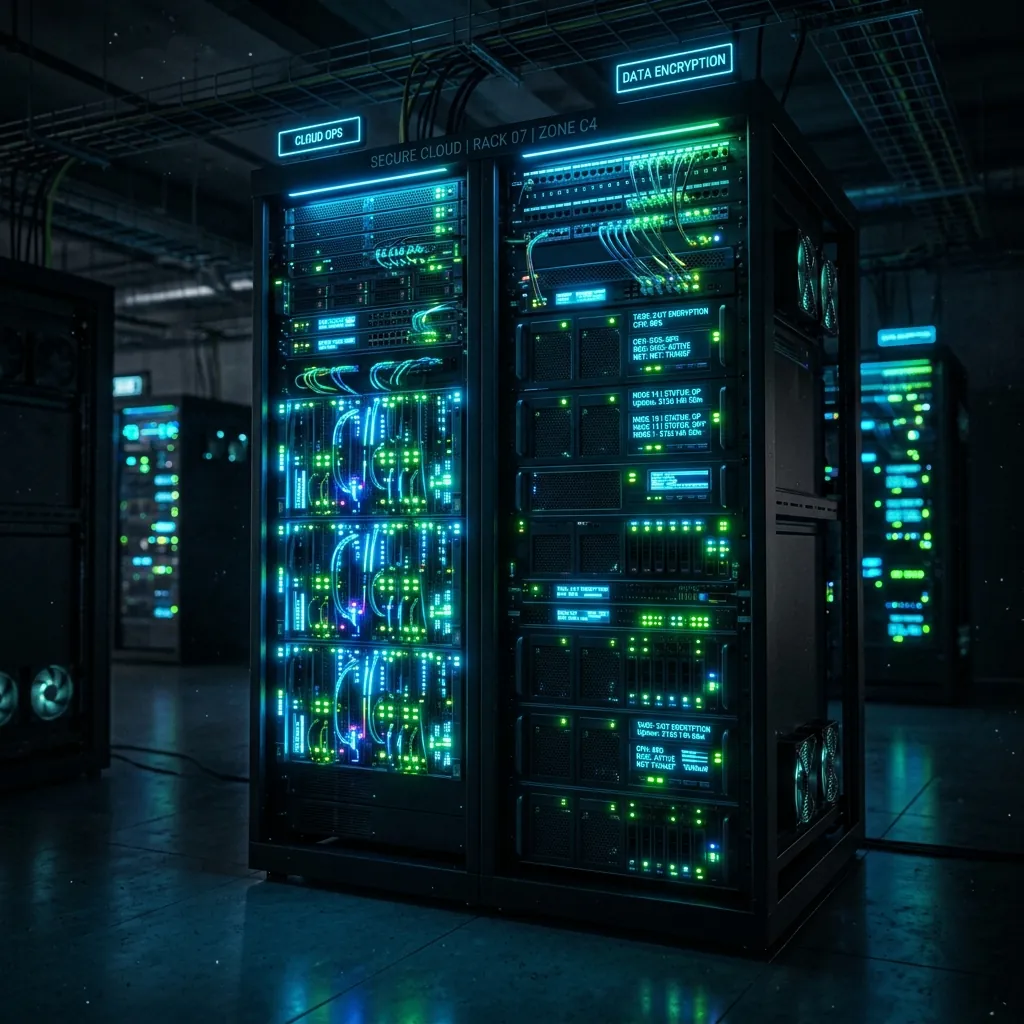A cloud server rack with glowing neon nodes running 24/7 background tasks