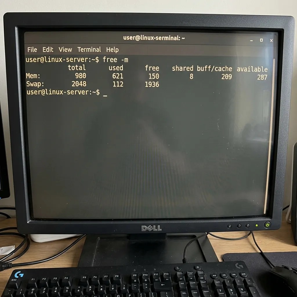 Linux terminal screenshot showing the output of free -m command with swap space active