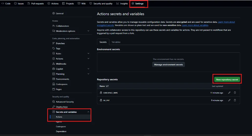 GitHub Repository Settings Actions Secrets