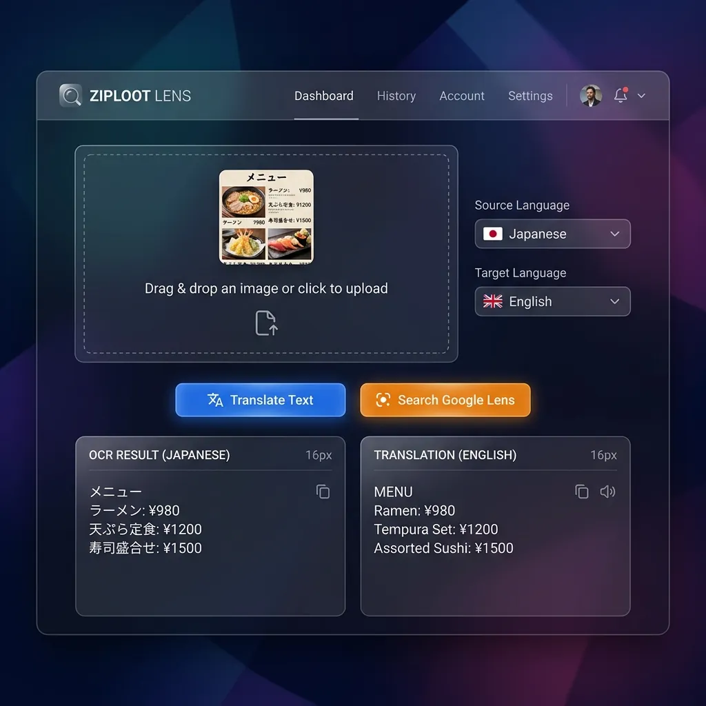 Mockup of the Ziploot Image Translator dashboard showing file inputs, OCR and translation fields