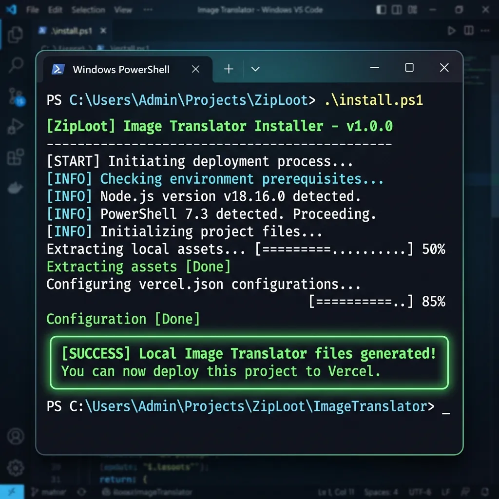 PowerShell terminal screenshot showing generation of Image Translator local package templates