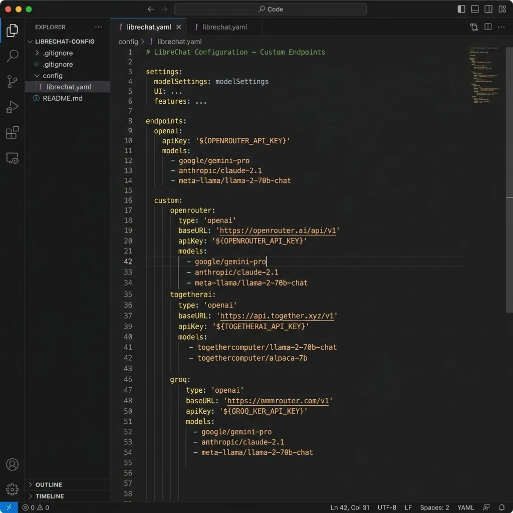 Screenshot of VS Code editor displaying a custom librechat.yaml config file