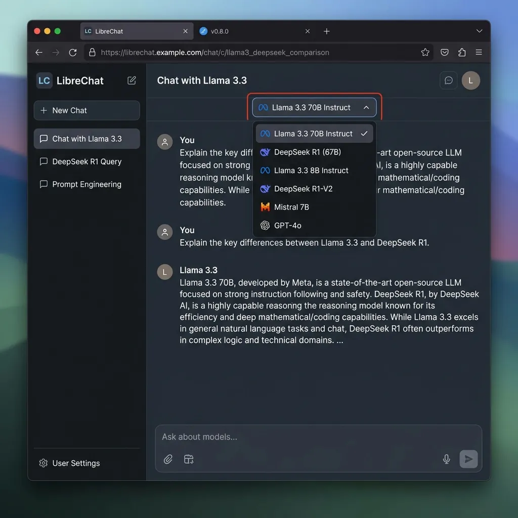 Screenshot of LibreChat Web UI in dark mode showing an active chat session with Llama 3.3