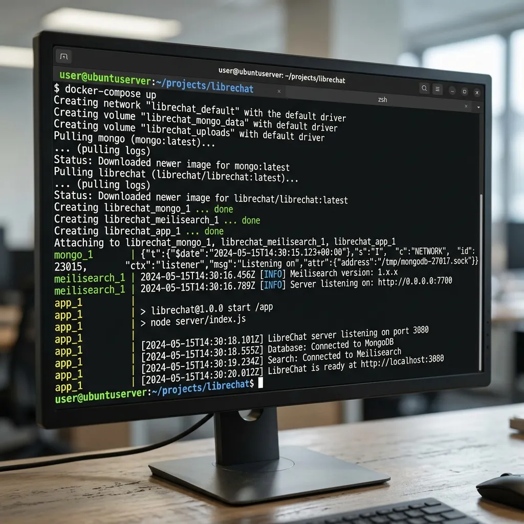 Screenshot of terminal running docker-compose up launching LibreChat application