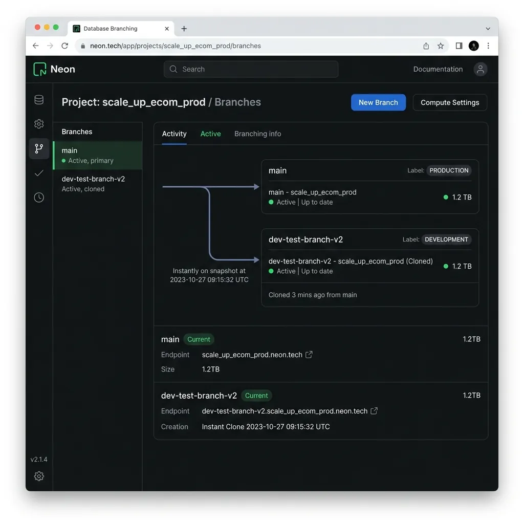Screenshot of Neon.tech Database Branching interface showing main branch and dev-test branch clone
