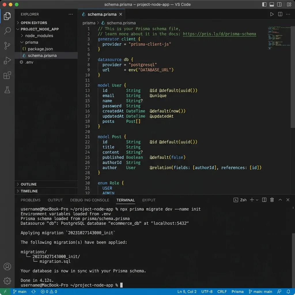 Screenshot of VS Code code editor displaying Node.js Prisma schema file with DATABASE_URL