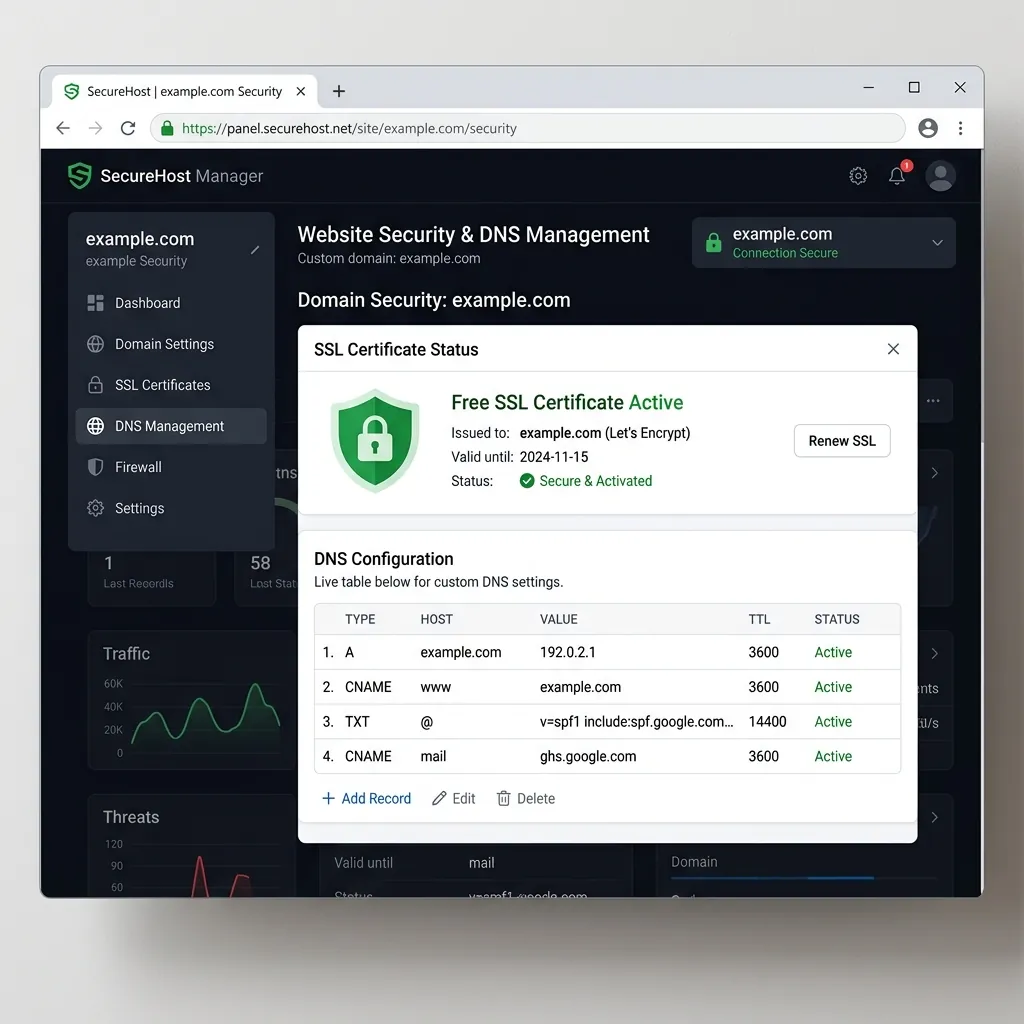 Digital security interface showing free SSL certificate lock and custom domain DNS configuration