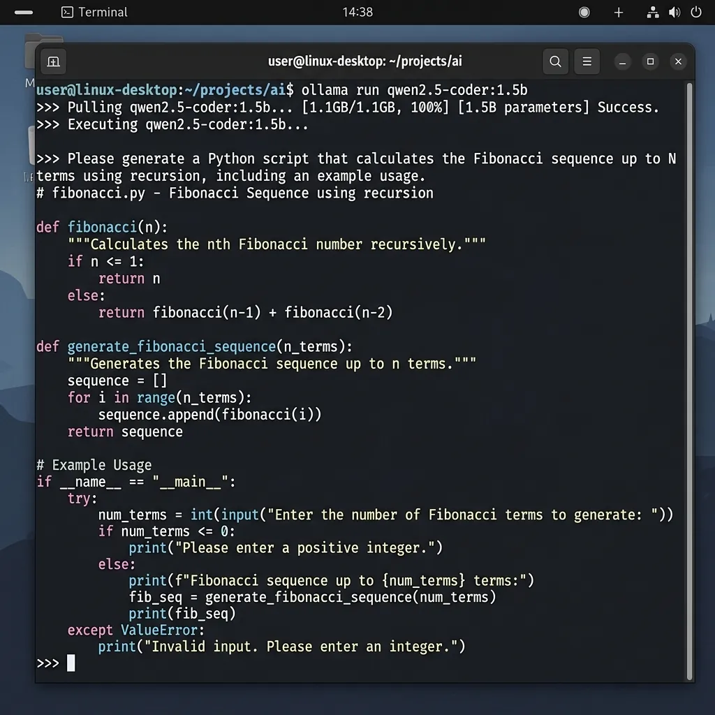 Linux terminal window screenshot showing ollama run qwen2.5-coder:1.5b output