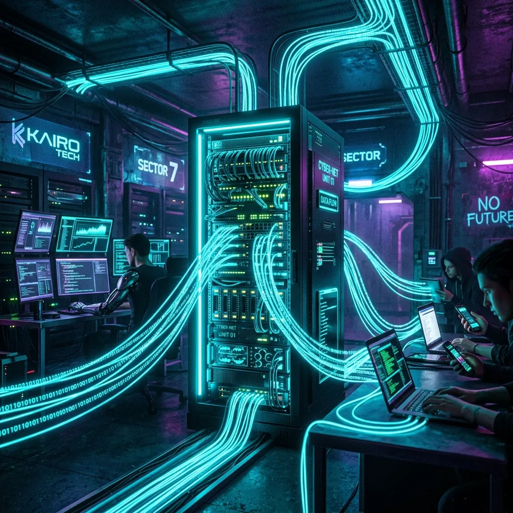 Glowing tech server rack connected to client devices with binary code flows in neon cyan cyber punk style