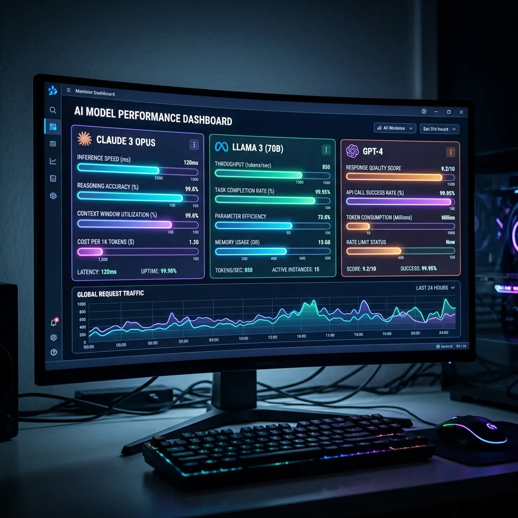 Sleek modern dashboard showing different AI models Claude Llama GPT with performance metric bars