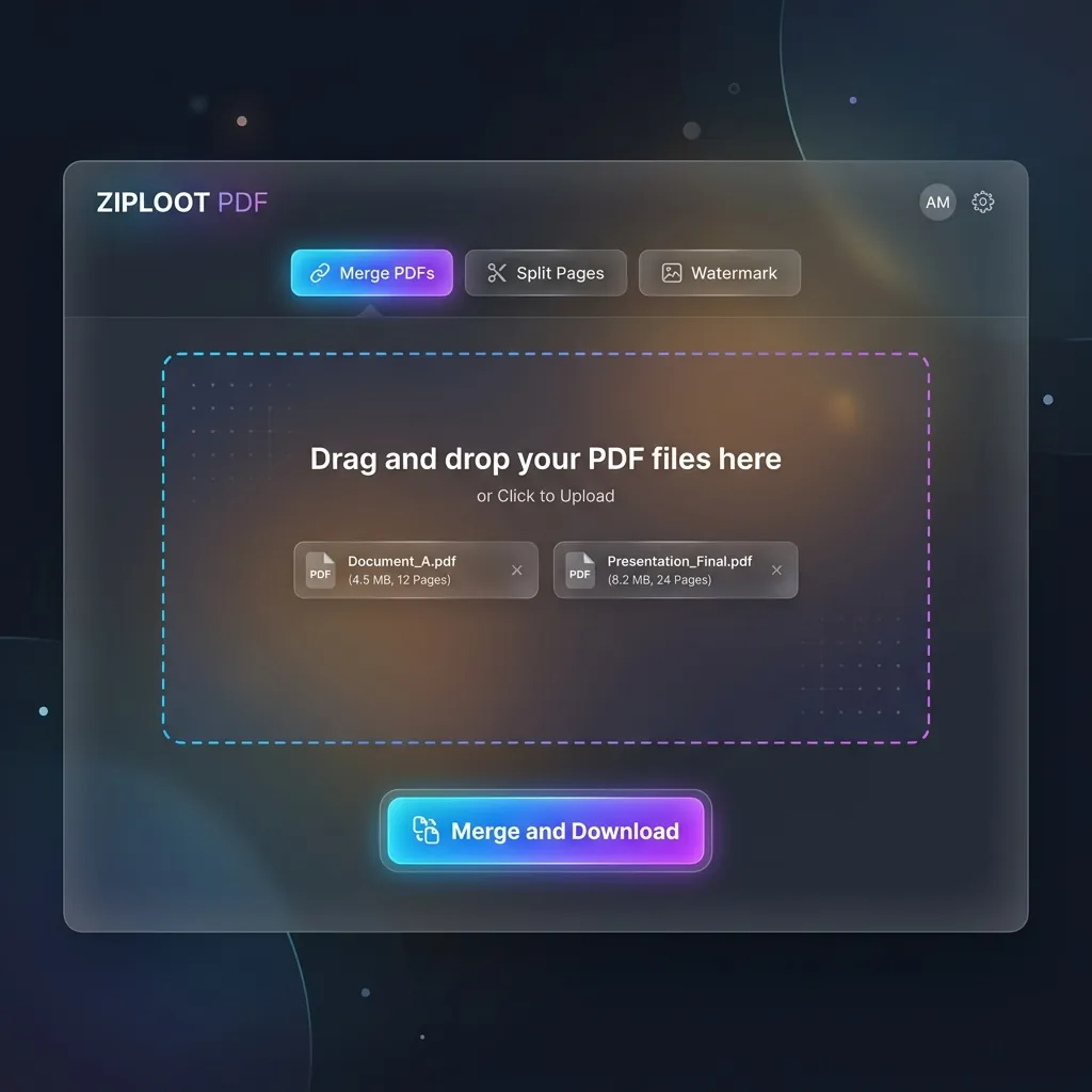 Mockup of the Ziploot PDF toolset dashboard showing Merge, Split, and Watermark configurations
