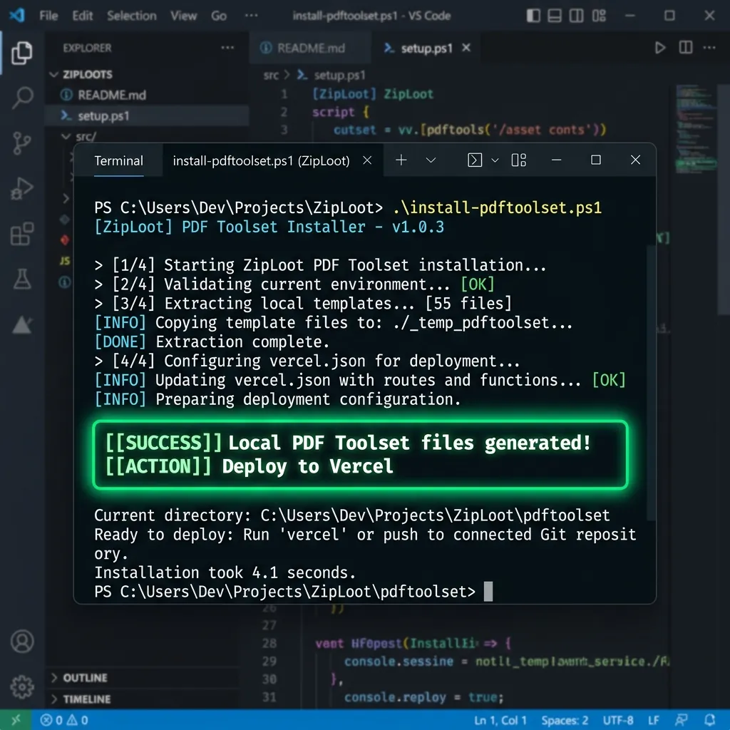 PowerShell terminal screenshot showing generation of PDF Toolset local package templates
