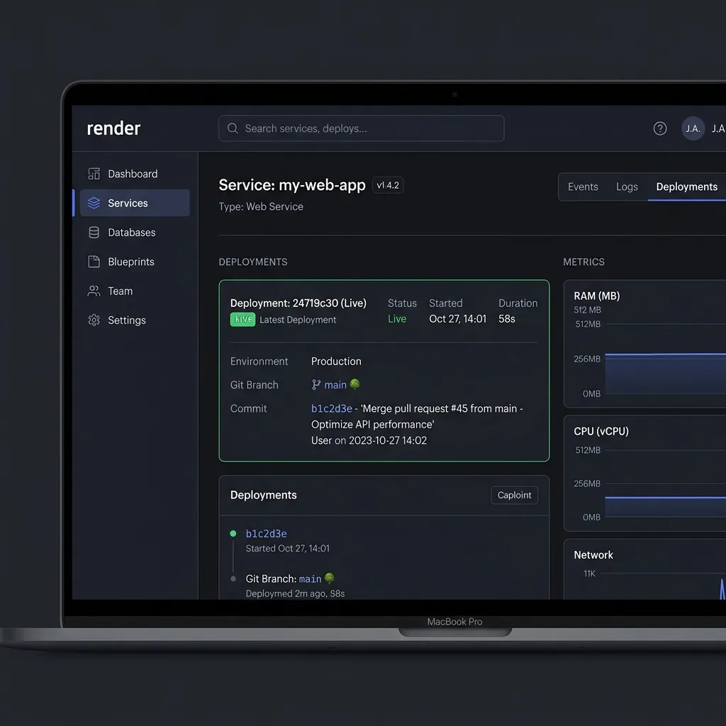 Screenshot of Render cloud application management dashboard in dark mode showing Web Service status