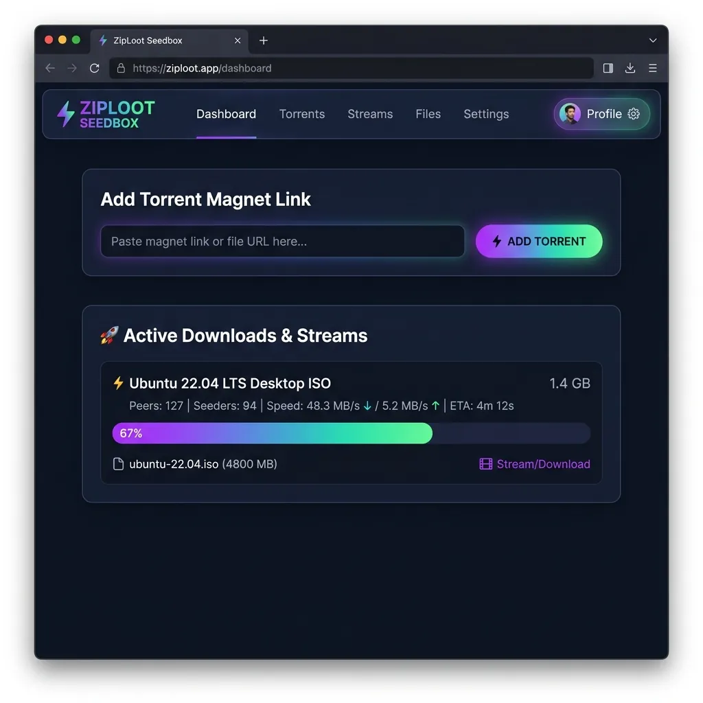 Mockup of the Ziploot Seedbox client showing active downloads, peers, and file stream lists