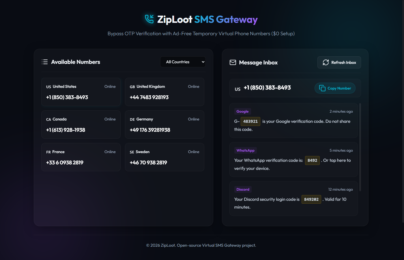 Real screenshot of the ZipLoot Virtual SMS Receiver dashboard