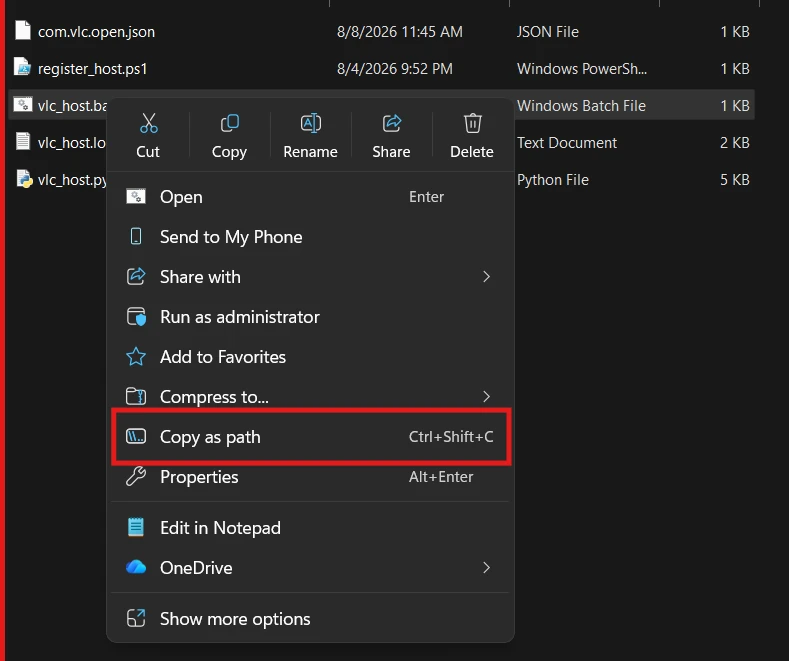 Step 2: Copy as Path of vlc_host.bat